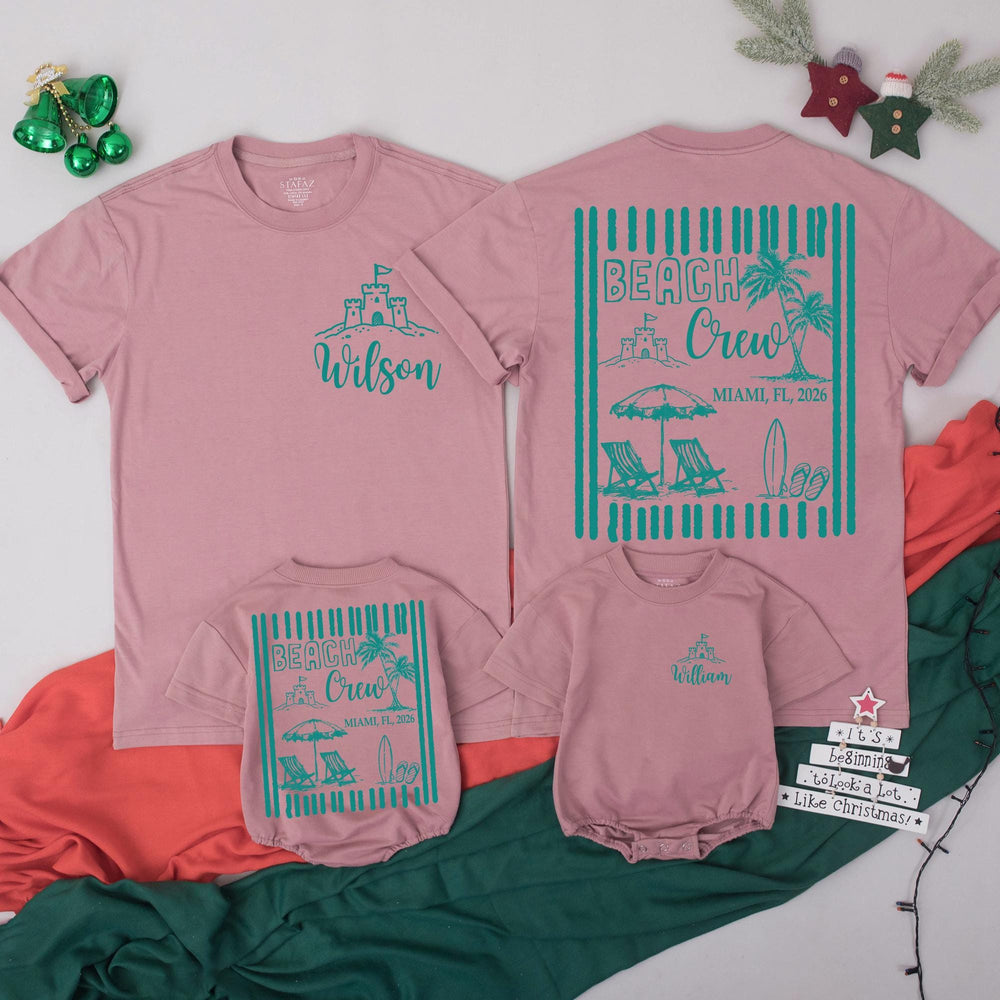 Personalized Beach Crew Shirt with Sandcastle and Miami 2026 Design, Custom Family Vacation Tee, Matching Summer Outfits, Baby Rompers