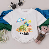 Personalized Beach Turtle Romper for Toddler Baby Summer Vacation Outfit with Custom Name, Colorful Beach Scene, Soft Cotton Gift