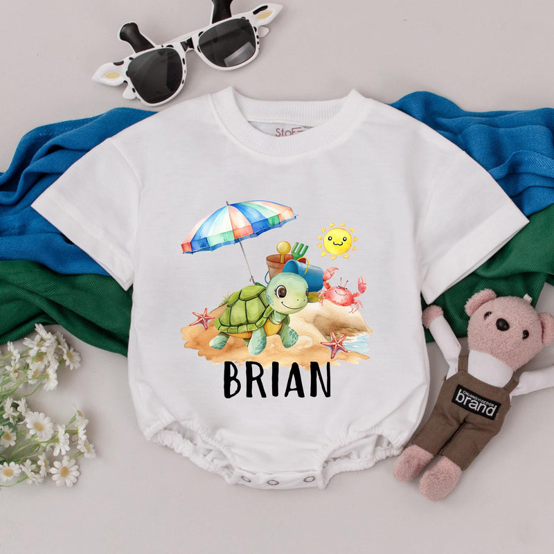 Personalized Beach Turtle Romper for Toddler Baby Summer Vacation Outfit with Custom Name, Colorful Beach Scene, Soft Cotton Gift