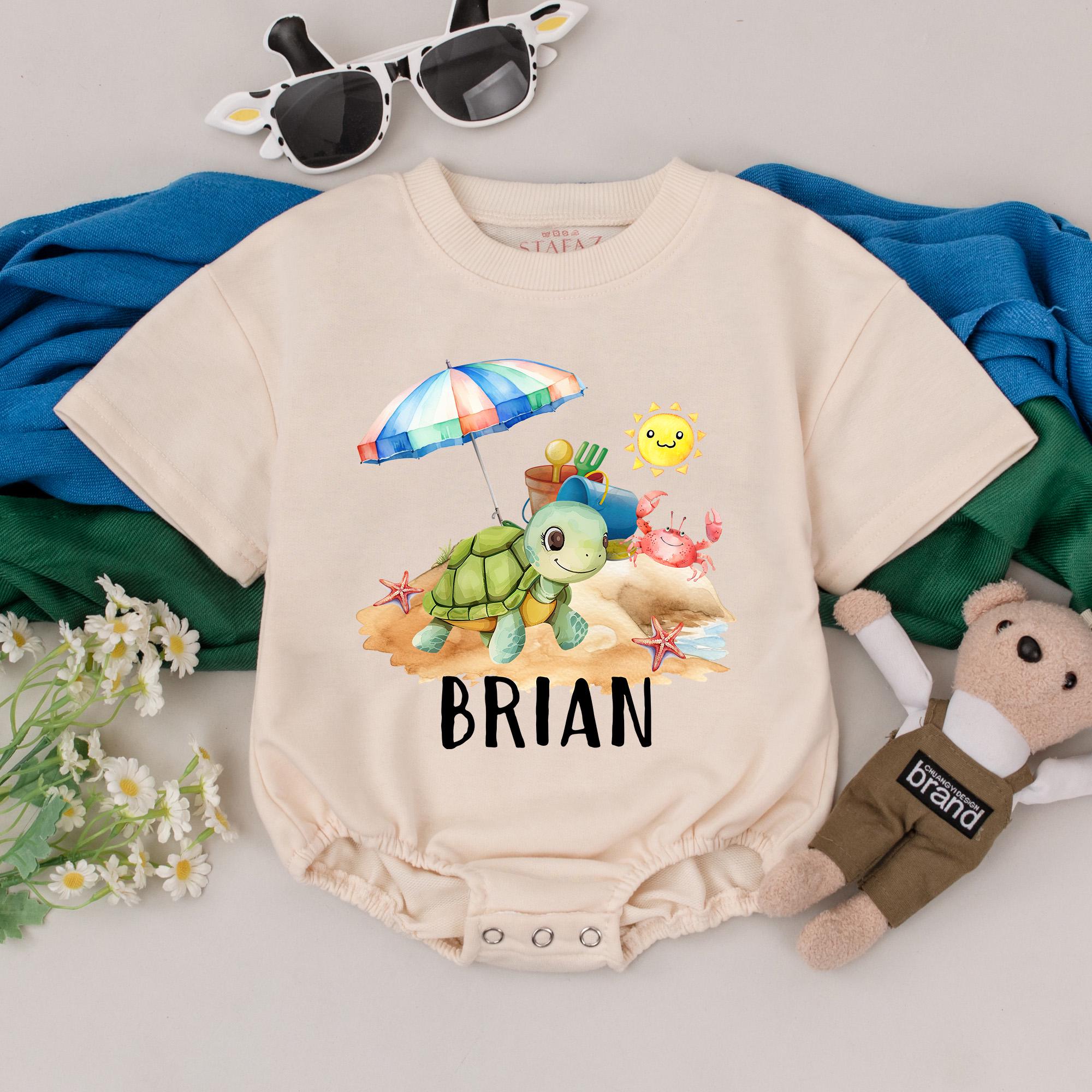 Personalized Beach Turtle Romper for Toddler Baby Summer Vacation Outfit with Custom Name, Colorful Beach Scene, Soft Cotton Gift