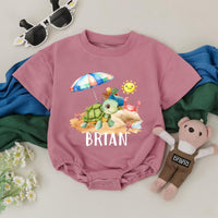 Personalized Beach Turtle Romper for Toddler Baby Summer Vacation Outfit with Custom Name, Colorful Beach Scene, Soft Cotton Gift