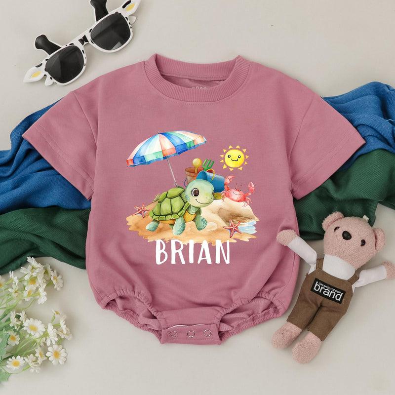 Personalized Beach Turtle Romper for Toddler Baby Summer Vacation Outfit with Custom Name, Colorful Beach Scene, Soft Cotton Gift