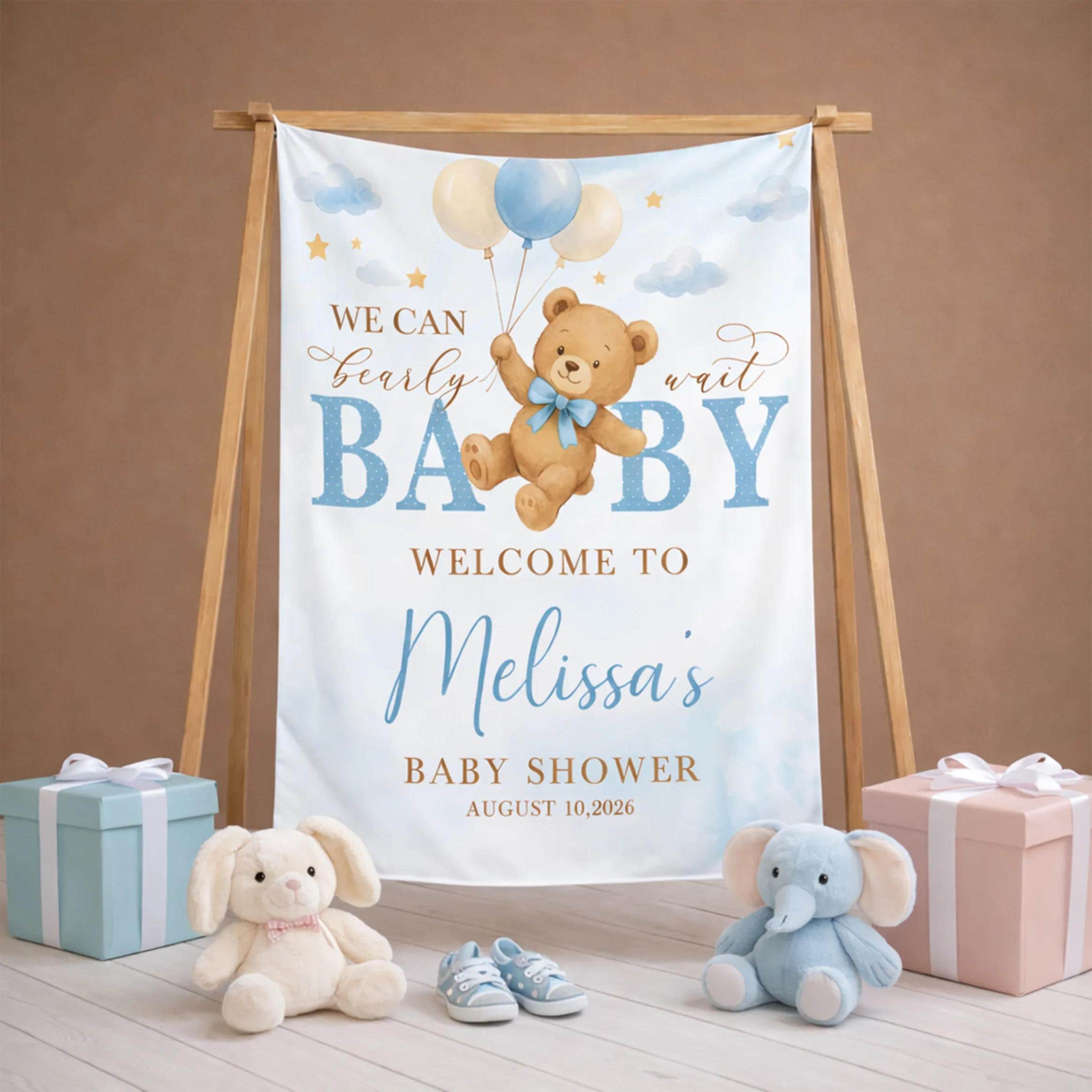 Personalized Bear Baby Shower Welcome Sign with Balloons and Gold Stars Custom Name and Date for Boy's Baby Shower Party Decor