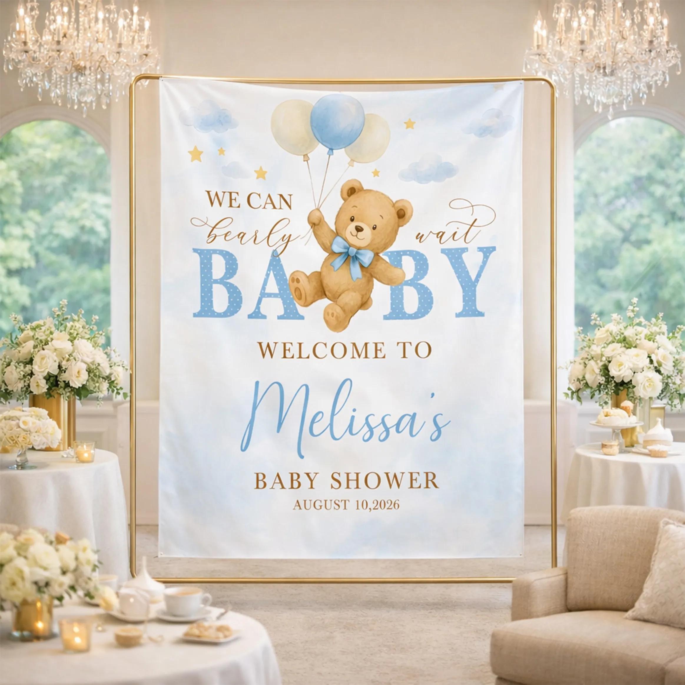 Personalized Bear Baby Shower Welcome Sign with Balloons and Gold Stars Custom Name and Date for Boy's Baby Shower Party Decor