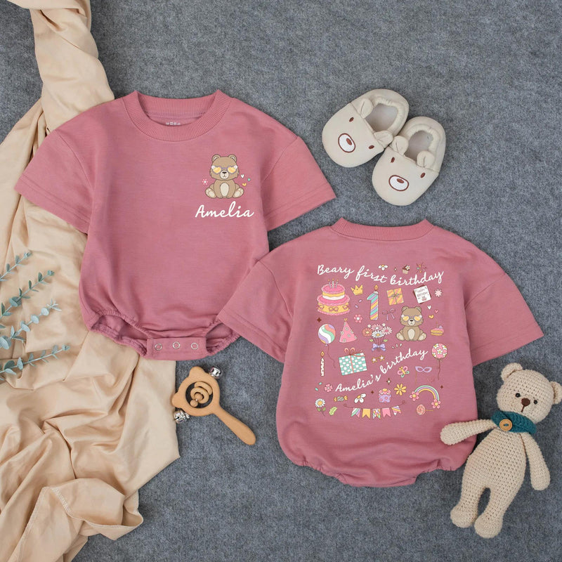 Personalized Beary First Birthday Baby Romper with Cute Bear Artwork, Custom Name Bodysuit for Girls, Soft Cotton Outfit for Milestone Photos