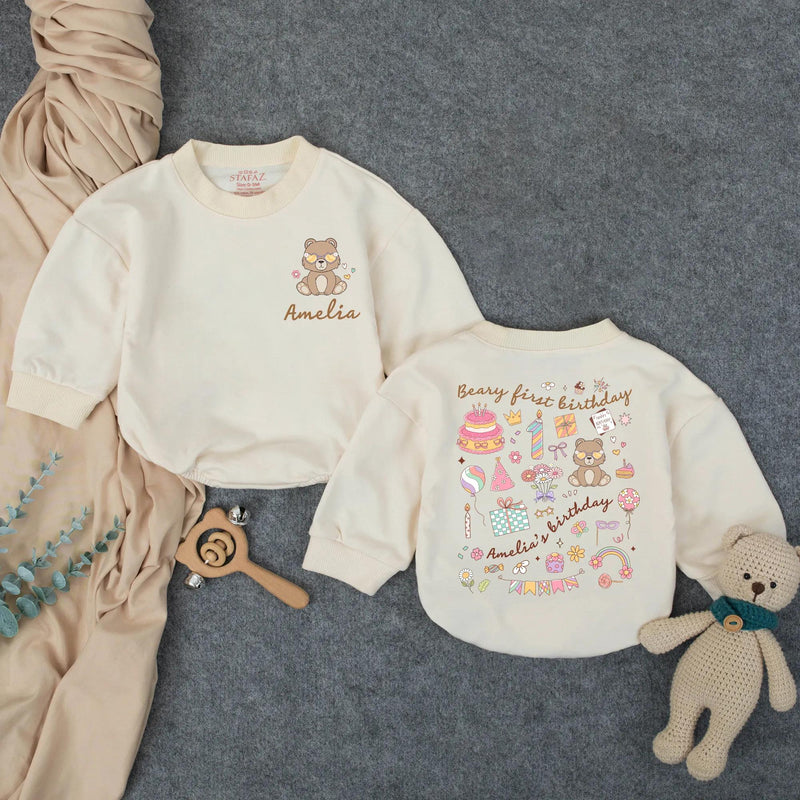 Personalized Beary First Birthday Baby Romper with Cute Bear Artwork, Custom Name Bodysuit for Girls, Soft Cotton Outfit for Milestone Photos