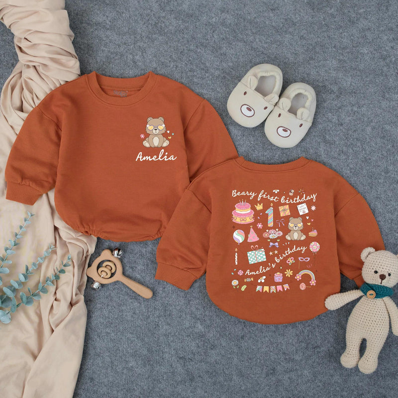 Personalized Beary First Birthday Baby Romper with Cute Bear Artwork, Custom Name Bodysuit for Girls, Soft Cotton Outfit for Milestone Photos