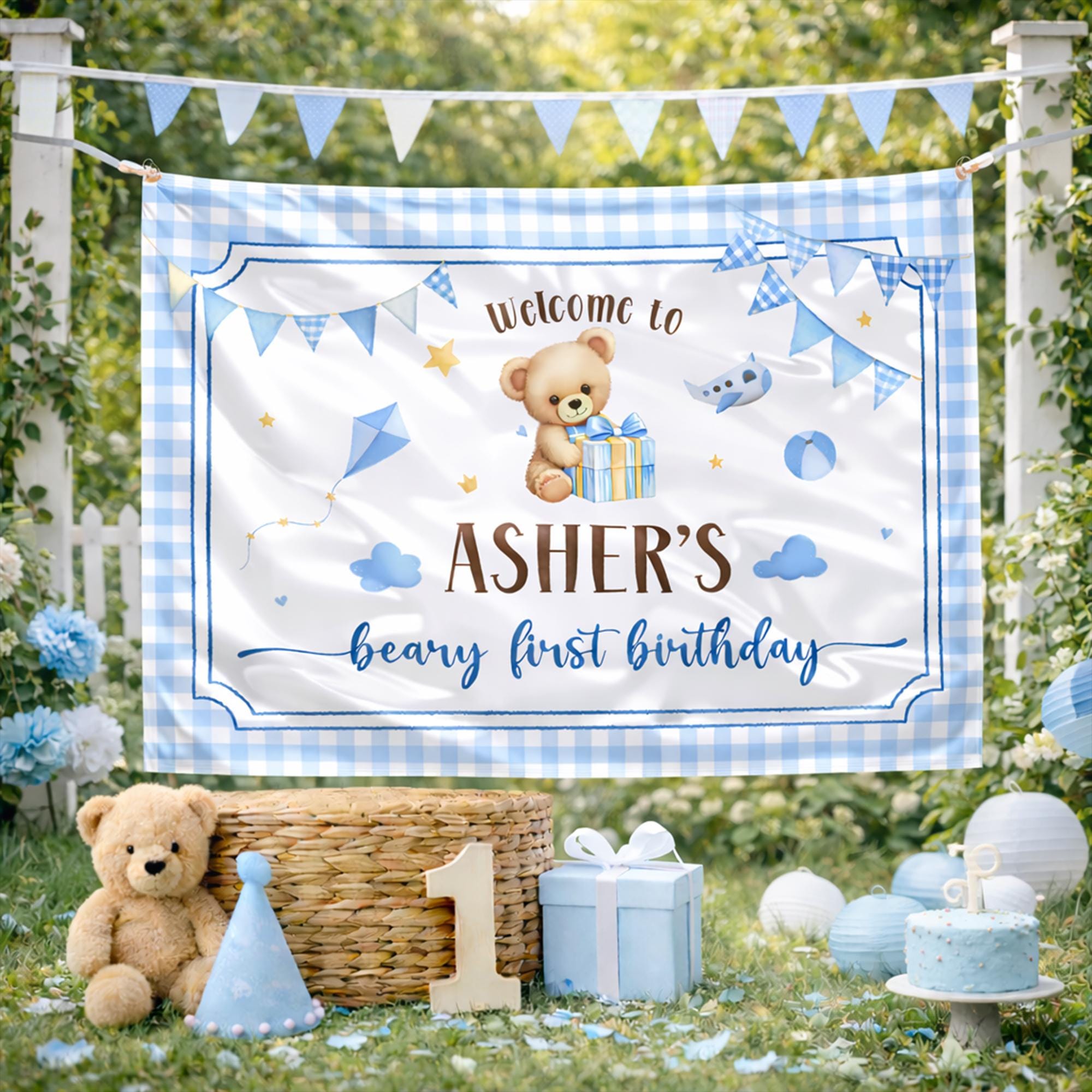 Personalized Beary First Birthday Banner with Teddy Bear Design Custom Name Blue Gingham Party Backdrop for Baby Boy Celebration Decor