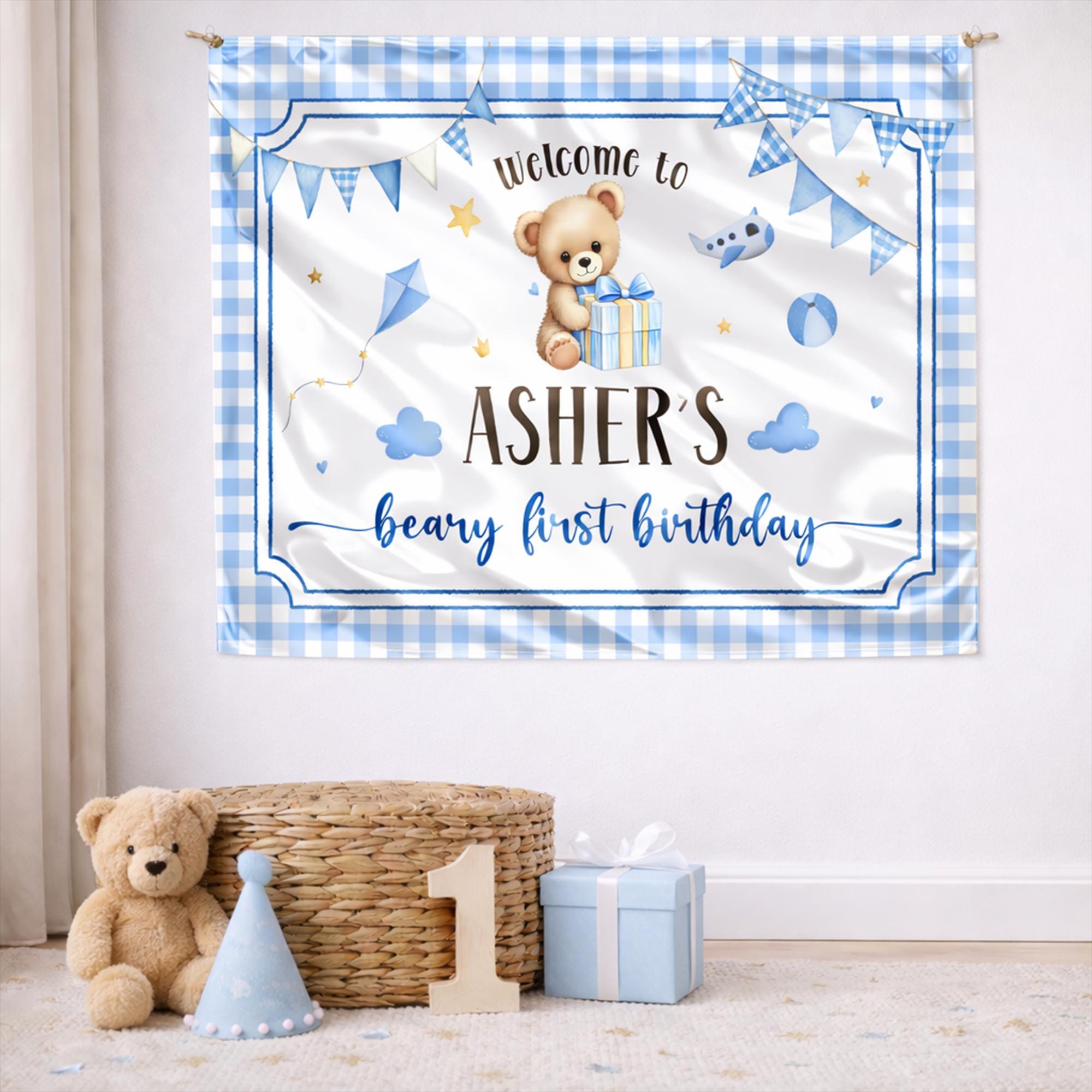 Personalized Beary First Birthday Banner with Teddy Bear Design Custom Name Blue Gingham Party Backdrop for Baby Boy Celebration Decor