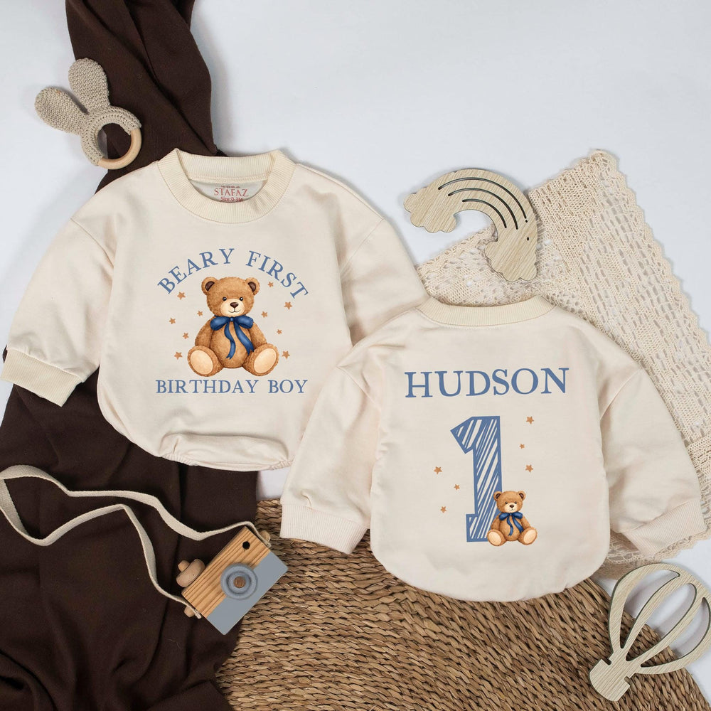Personalized Beary First Birthday Romper with Watercolor Teddy Bear Design, Baby Boy 1st Birthday Outfit, Soft Cotton Bear Cake Smash Clothes