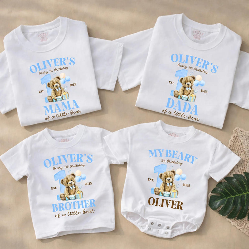 Personalized Beary First Birthday Shirts for Family with Cute Bear and Blue Number One, Custom Baby Romper or Matching Party Outfit