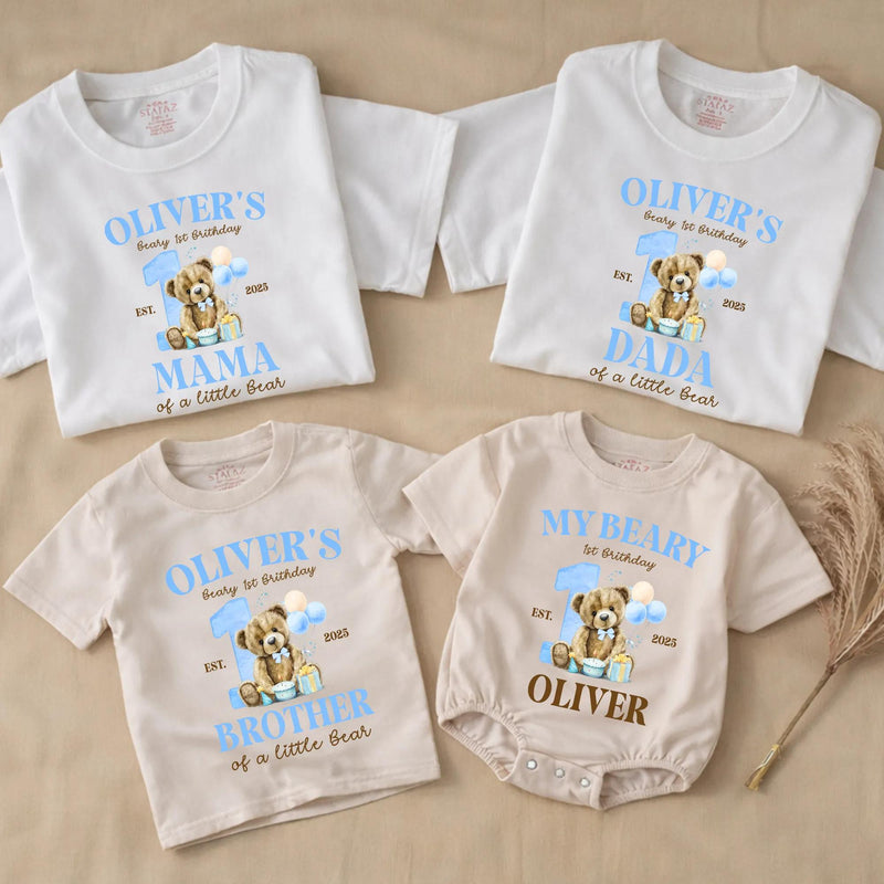 Personalized Beary First Birthday Shirts for Family with Cute Bear and Blue Number One, Custom Baby Romper or Matching Party Outfit