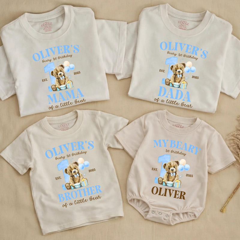 Personalized Beary First Birthday Shirts for Family with Cute Bear and Blue Number One, Custom Baby Romper or Matching Party Outfit