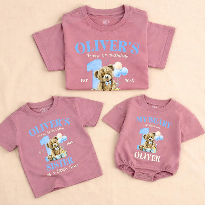 Personalized Beary First Birthday Shirts for Family with Cute Bear and Blue Number One, Custom Baby Romper or Matching Party Outfit