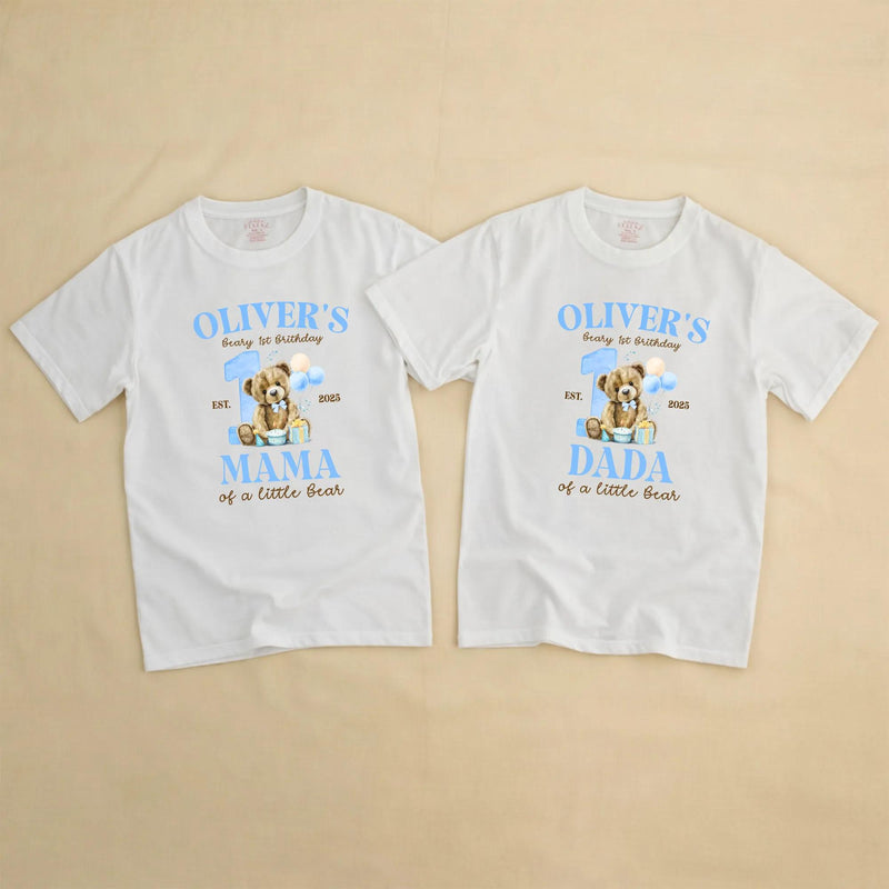 Personalized Beary First Birthday Shirts for Family with Cute Bear and Blue Number One, Custom Baby Romper or Matching Party Outfit