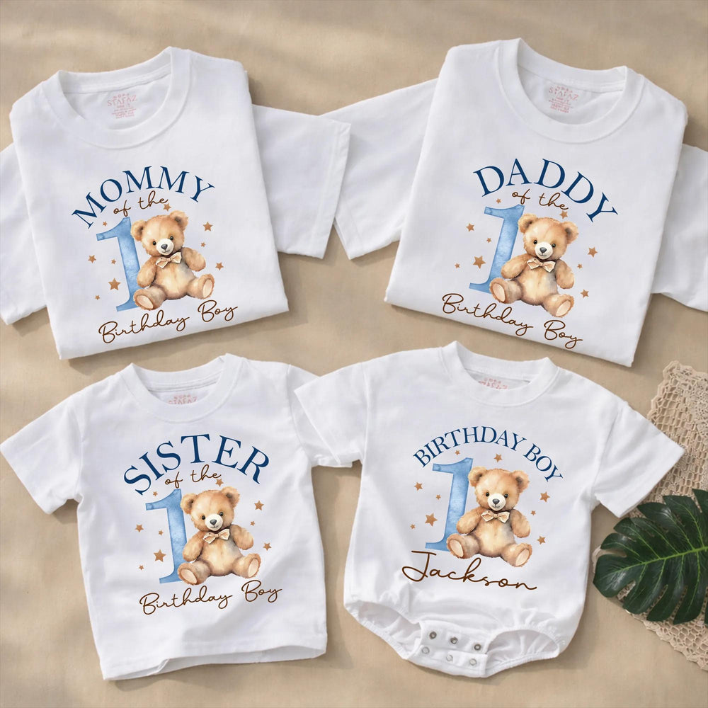 Personalized Beary First Birthday Shirts with Watercolor Bow Bear Design, Family Matching Outfits, Soft Cotton Baby Romper or Toddler Tee