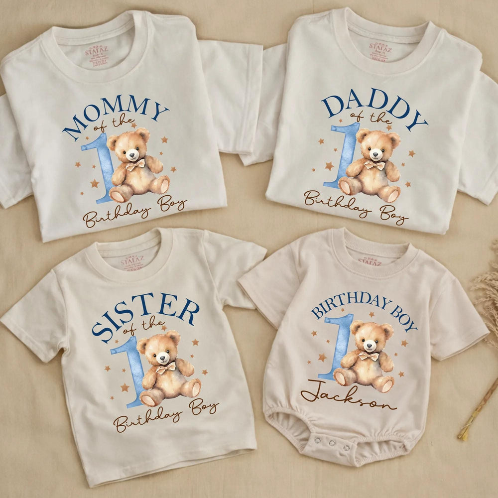 Personalized Beary First Birthday Shirts with Watercolor Bow Bear Design, Family Matching Outfits, Soft Cotton Baby Romper or Toddler Tee