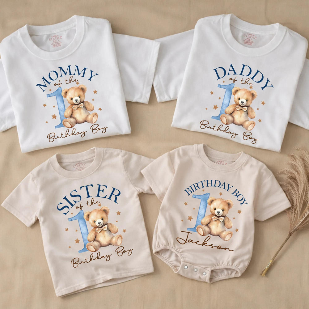 Personalized Beary First Birthday Shirts with Watercolor Bow Bear Design, Family Matching Outfits, Soft Cotton Baby Romper or Toddler Tee