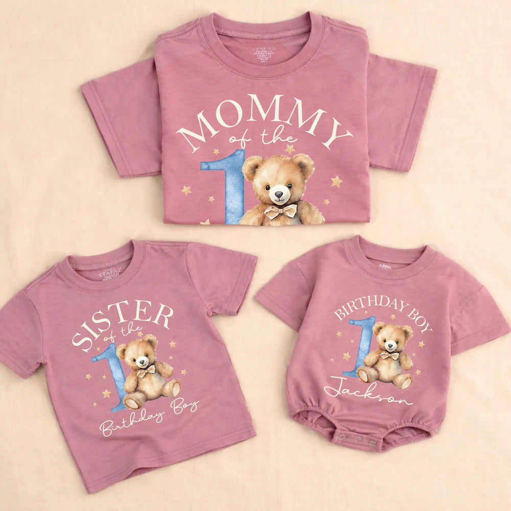 Personalized Beary First Birthday Shirts with Watercolor Bow Bear Design, Family Matching Outfits, Soft Cotton Baby Romper or Toddler Tee