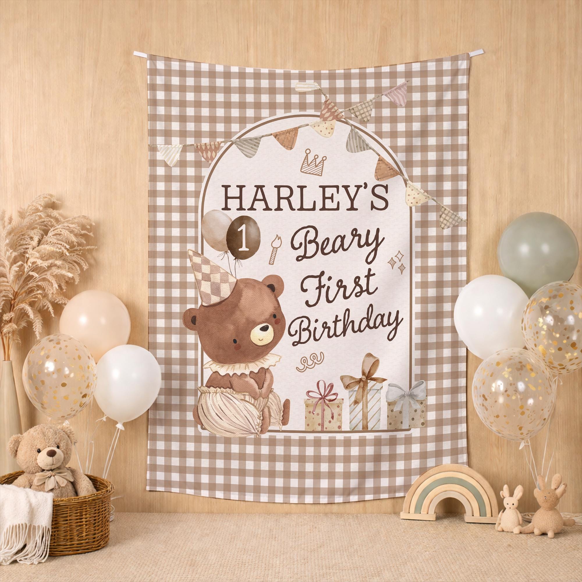 Personalized Beary First Birthday Silk Banner with Soft Brown Cream Gingham Check Bear Theme Party Backdrop Decor Custom Baby Name