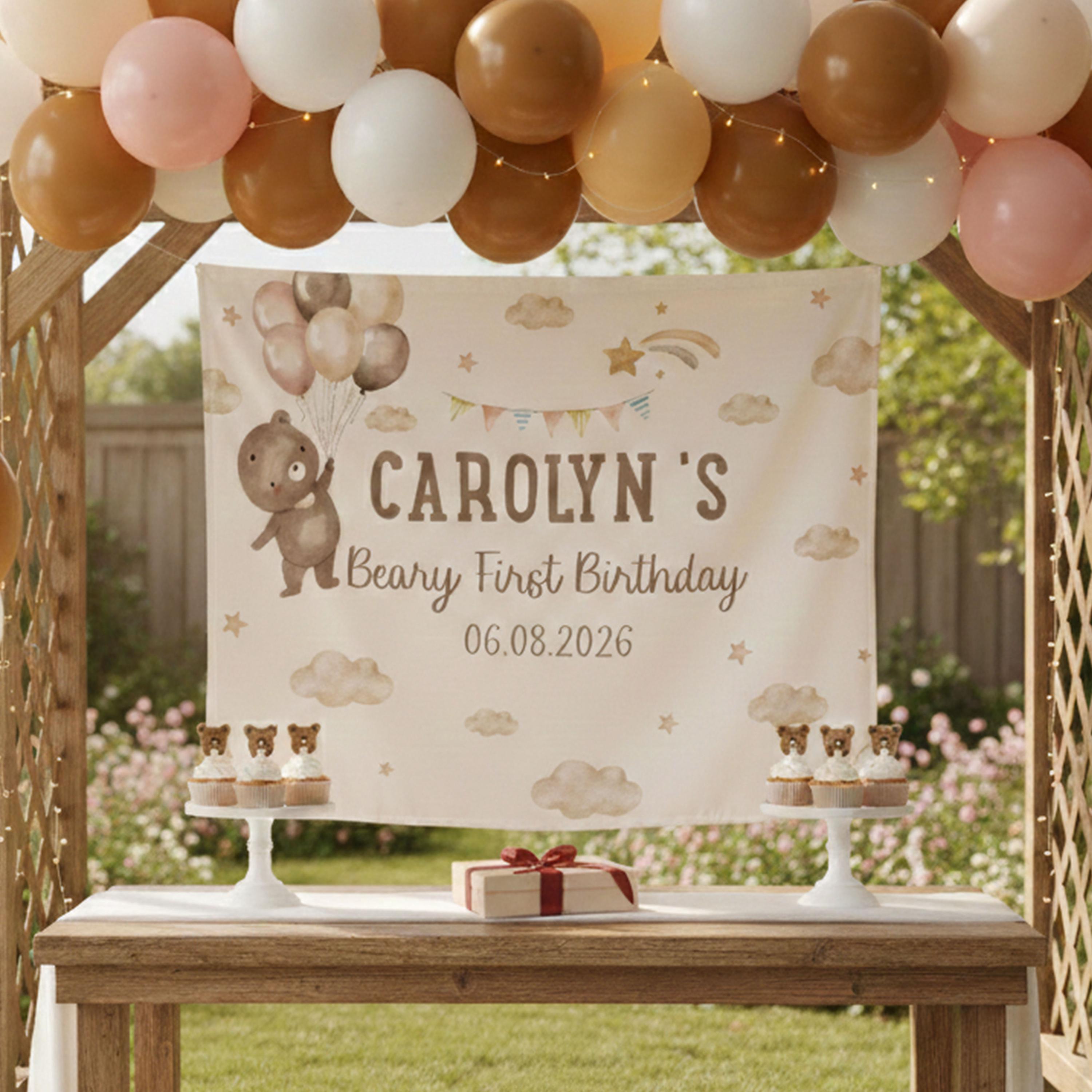 Personalized Beary First Birthday Silk Banner with Watercolor Teddy Bear Design Neutral Boho Party Backdrop Custom Name Baby Gift