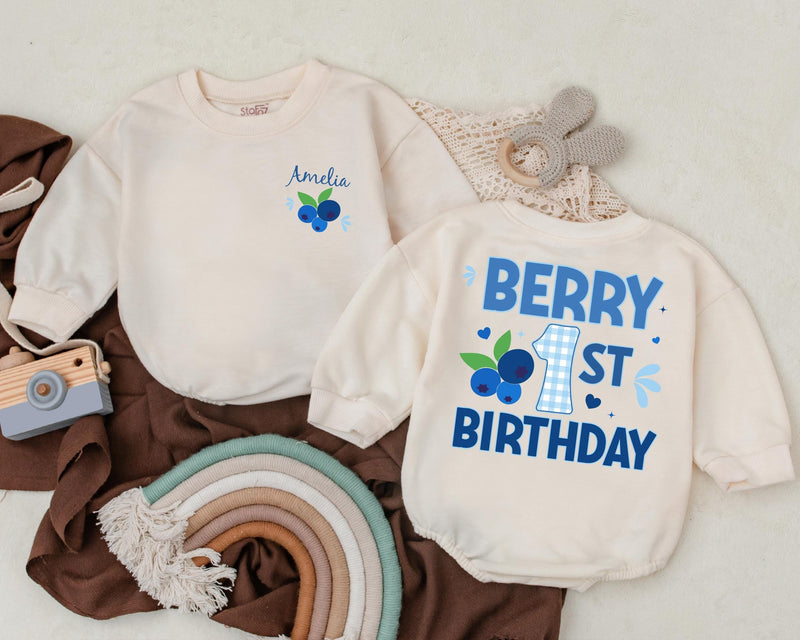 Personalized Berry 1st Birthday Romper with Blueberry Design for Baby Girl Soft Cotton Outfit First Birthday Party Gift