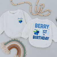 Personalized Berry 1st Birthday Romper with Blueberry Design for Baby Girl Soft Cotton Outfit First Birthday Party Gift