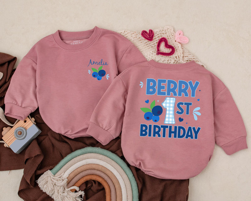 Personalized Berry 1st Birthday Romper with Blueberry Design for Baby Girl Soft Cotton Outfit First Birthday Party Gift