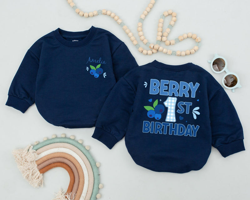 Personalized Berry 1st Birthday Romper with Blueberry Design for Baby Girl Soft Cotton Outfit First Birthday Party Gift
