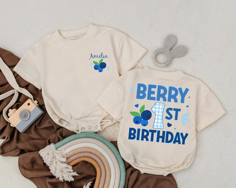 Personalized Berry 1st Birthday Romper with Blueberry Design for Baby Girl Soft Cotton Outfit First Birthday Party Gift