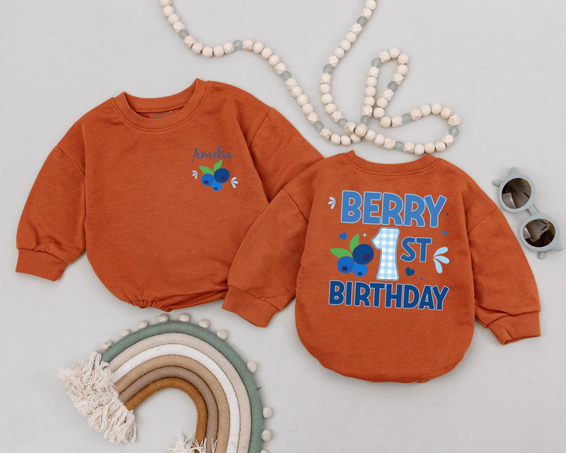 Personalized Berry 1st Birthday Romper with Blueberry Design for Baby Girl Soft Cotton Outfit First Birthday Party Gift