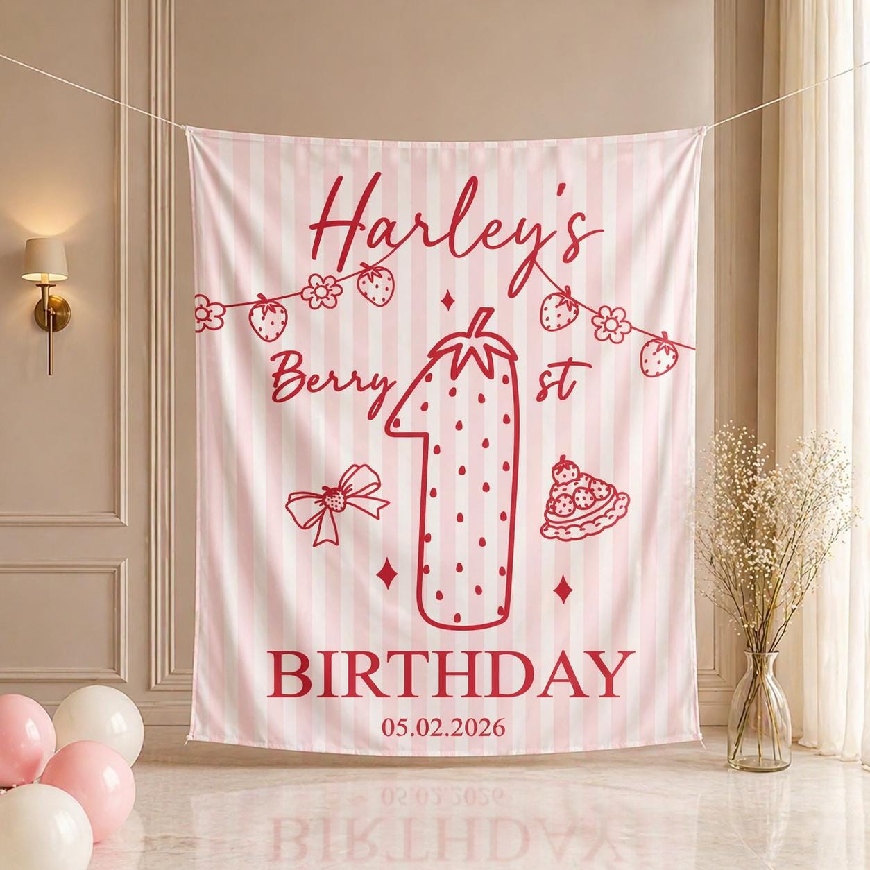 Personalized Berry First Birthday Banner for Baby Girl, Strawberry-Themed Party Backdrop with Name and Date, Pink Sweet One Decor