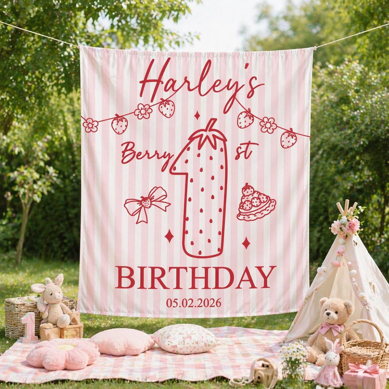 Personalized Berry First Birthday Banner for Baby Girl, Strawberry-Themed Party Backdrop with Name and Date, Pink Sweet One Decor