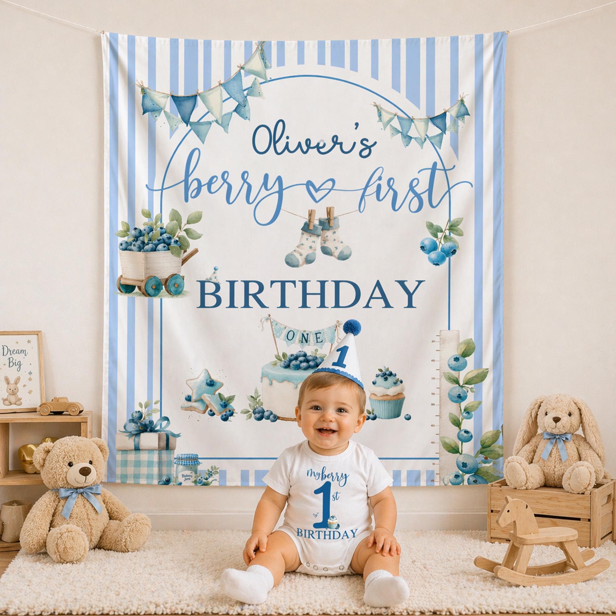 Personalized Berry First Birthday Banner with Blueberry Design Romper and Party Backdrop for Baby Boy Celebration or Photo Prop Decor