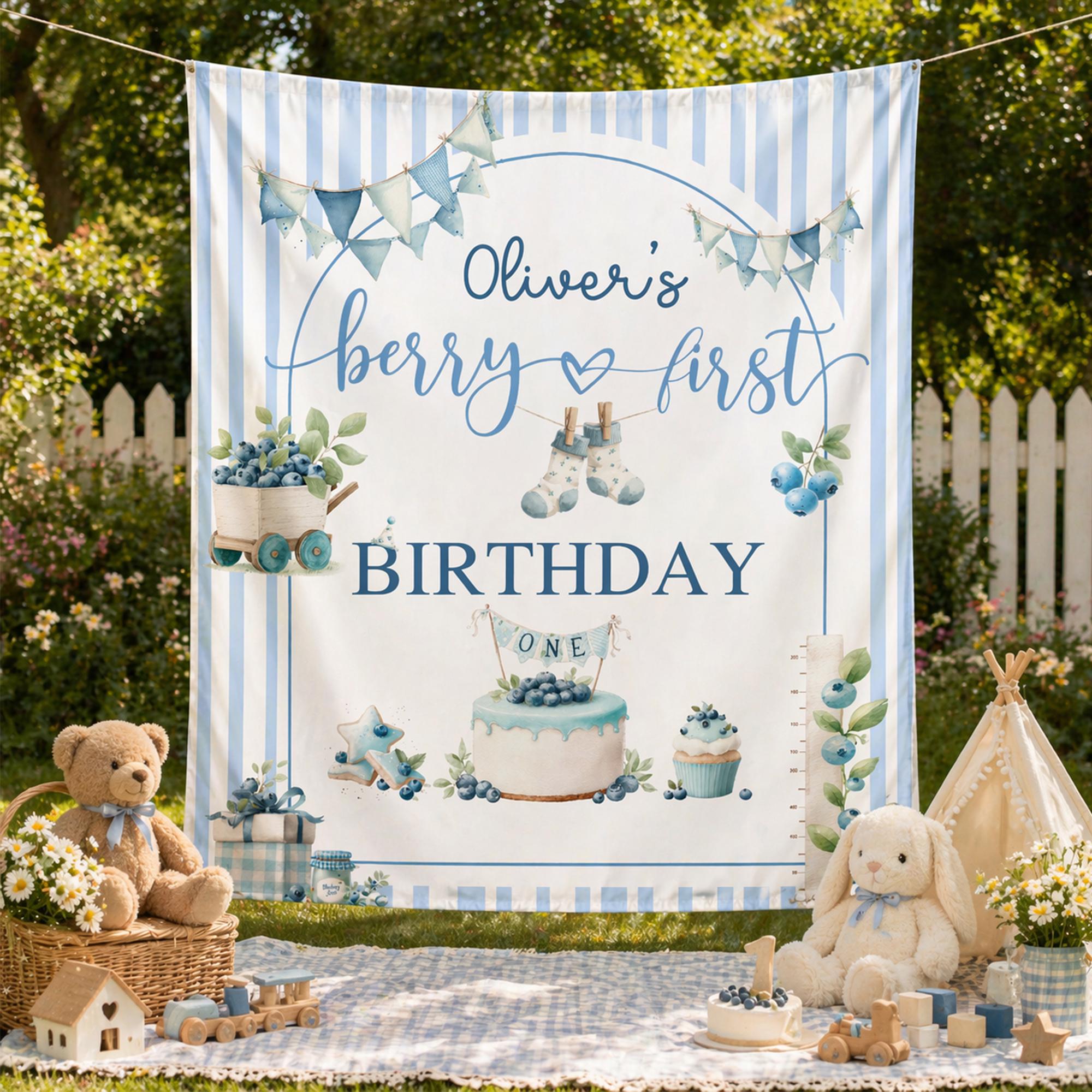 Personalized Berry First Birthday Banner with Blueberry Design Romper and Party Backdrop for Baby Boy Celebration or Photo Prop Decor