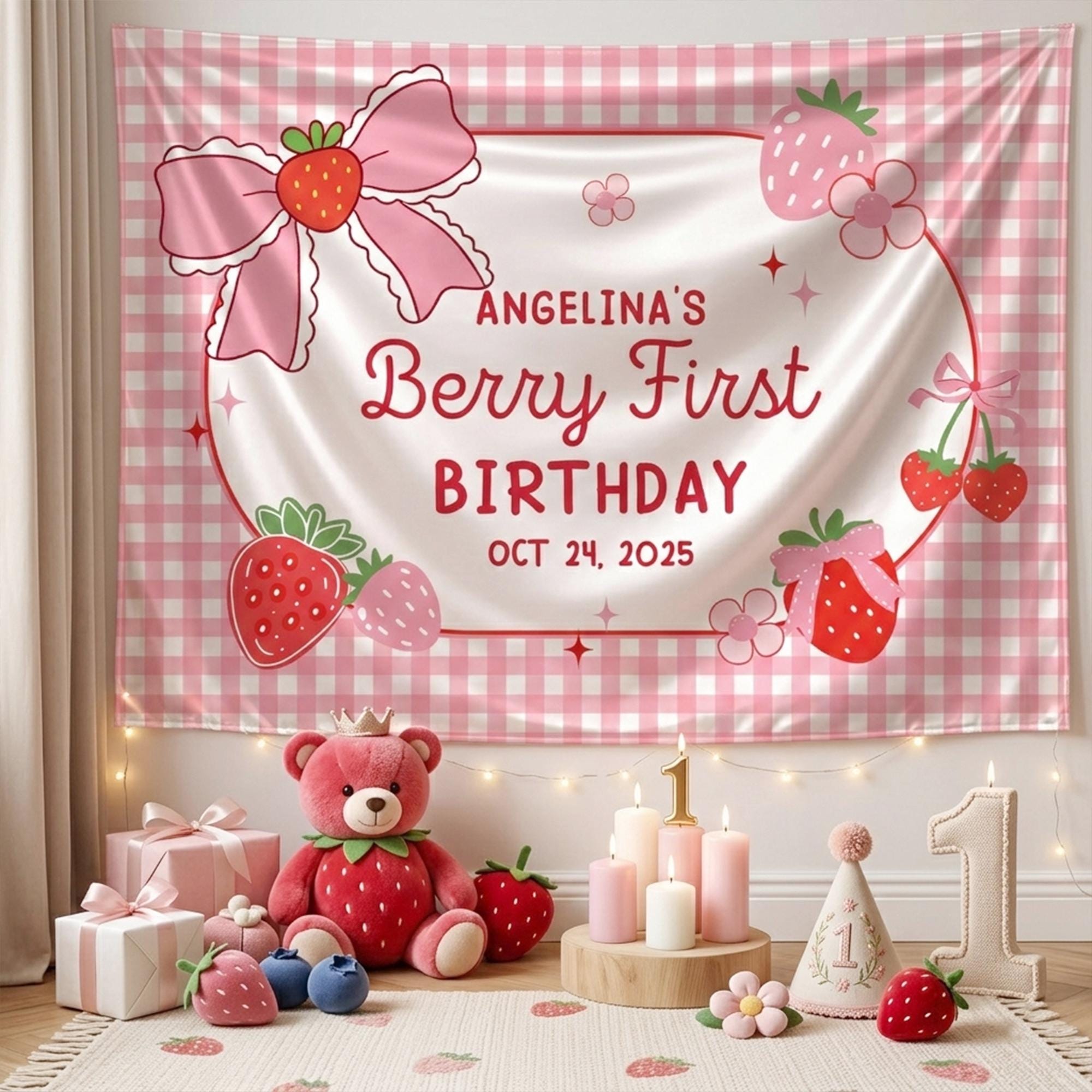 Personalized Berry First Birthday Banner for Girls with Strawberry Theme Pink Gingham Party Backdrop Custom Name and Date Decor