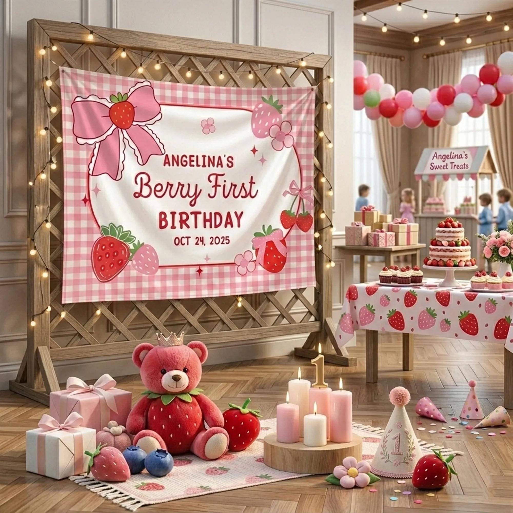 Personalized Berry First Birthday Banner for Girls with Strawberry Theme Pink Gingham Party Backdrop Custom Name and Date Decor