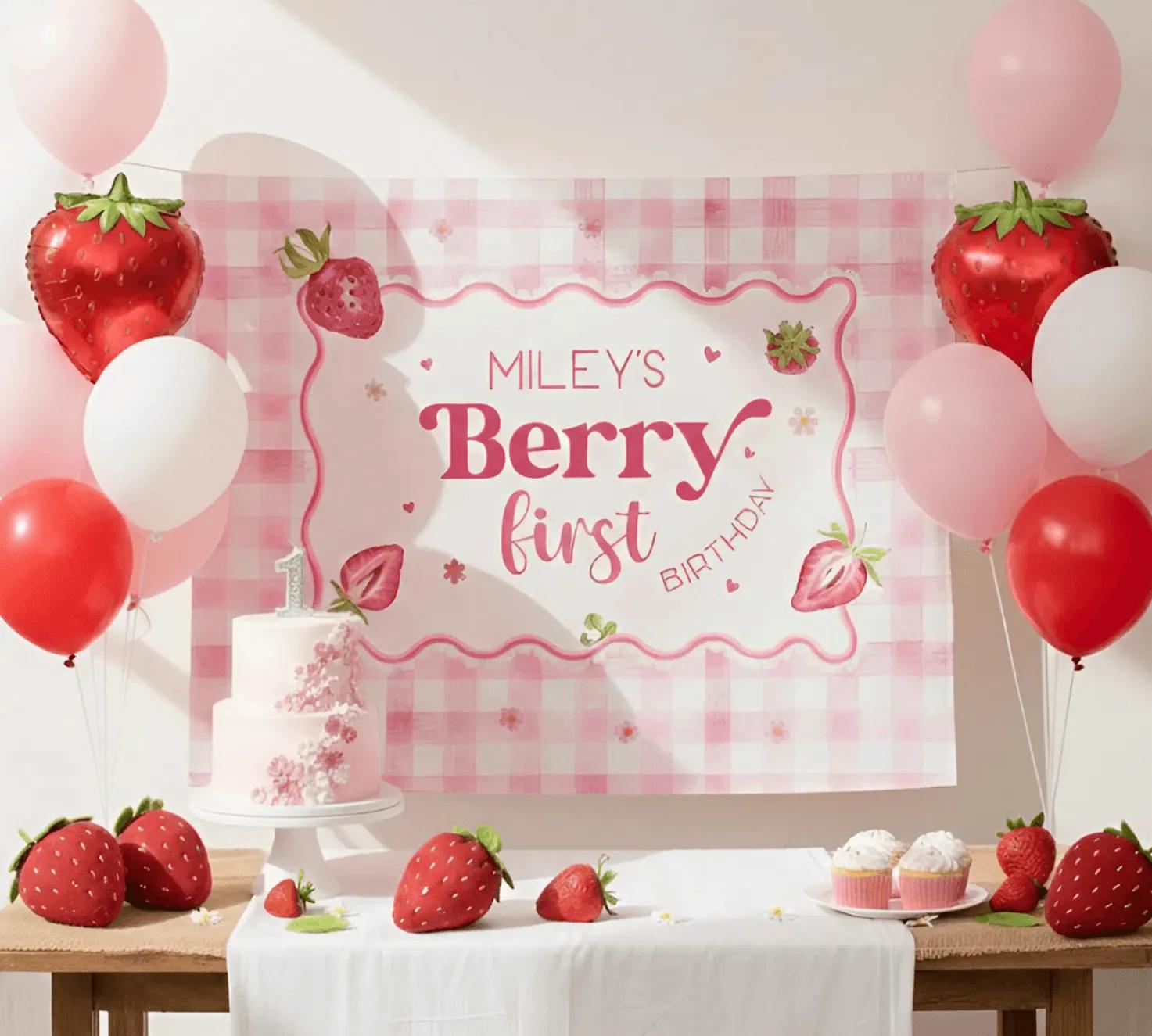 Personalized Berry First Birthday Banner with Pink Gingham, Strawberry and Floral Design for Baby Girl Party Decor Custom Name