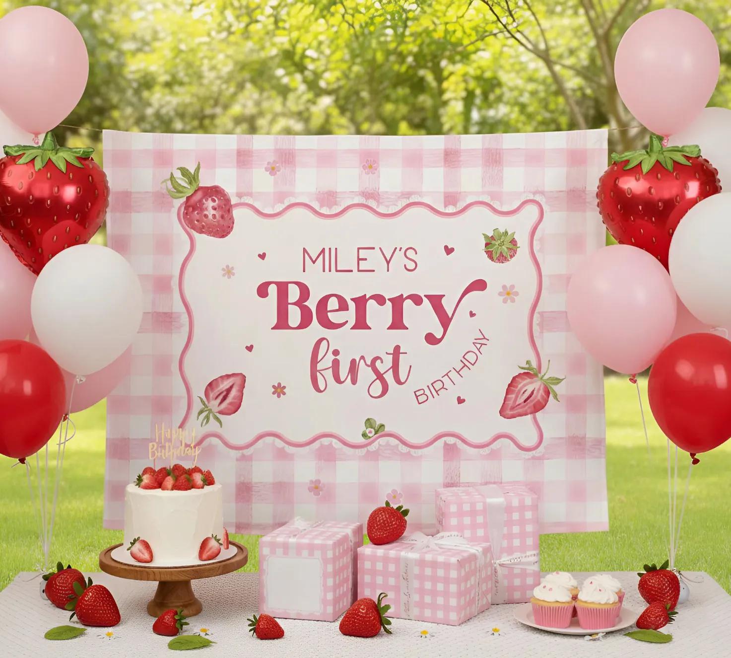 Personalized Berry First Birthday Banner with Pink Gingham, Strawberry and Floral Design for Baby Girl Party Decor Custom Name