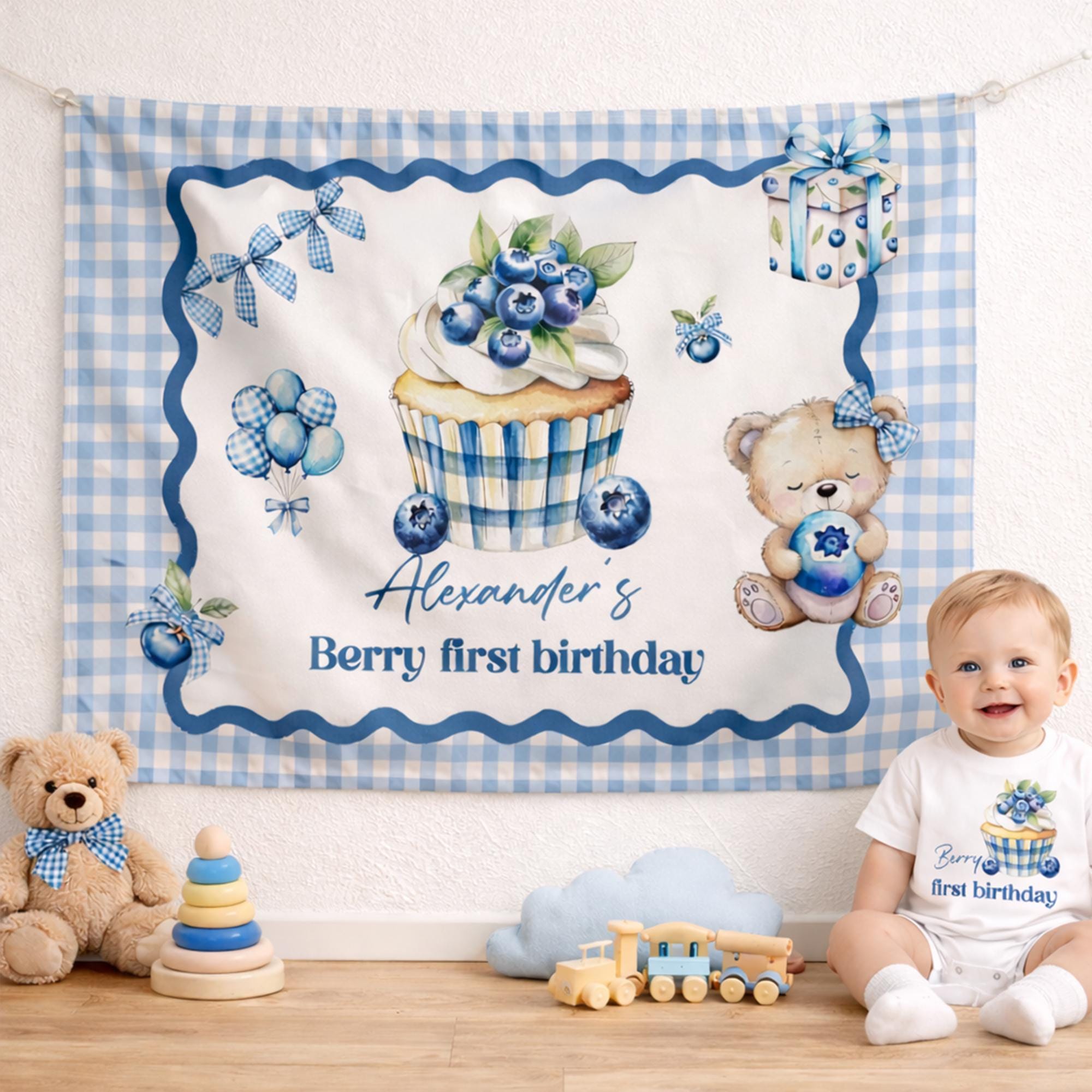 Personalized Berry First Birthday Banner and Romper Blue Cupcake Design for Baby Boy Party Decor Custom Name Cake Smash Outfit