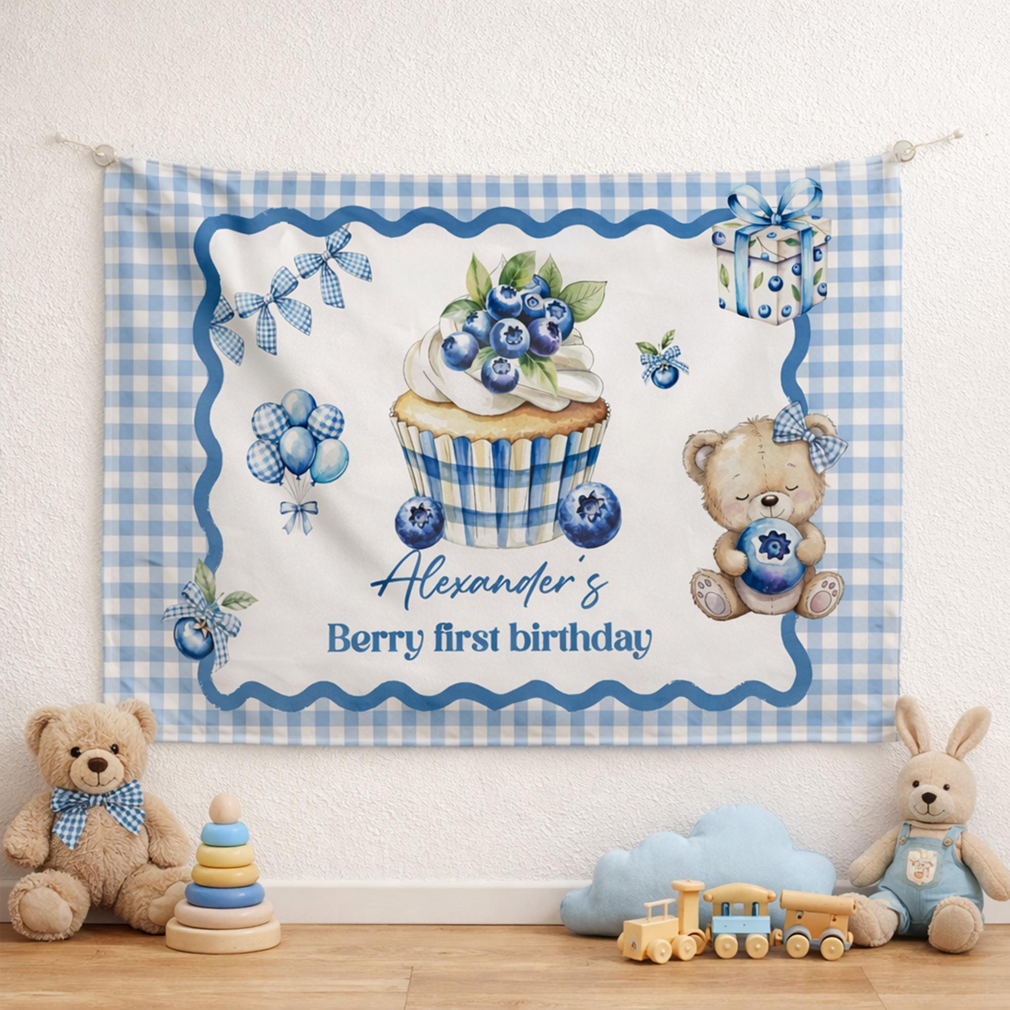 Personalized Berry First Birthday Banner and Romper Blue Cupcake Design for Baby Boy Party Decor Custom Name Cake Smash Outfit
