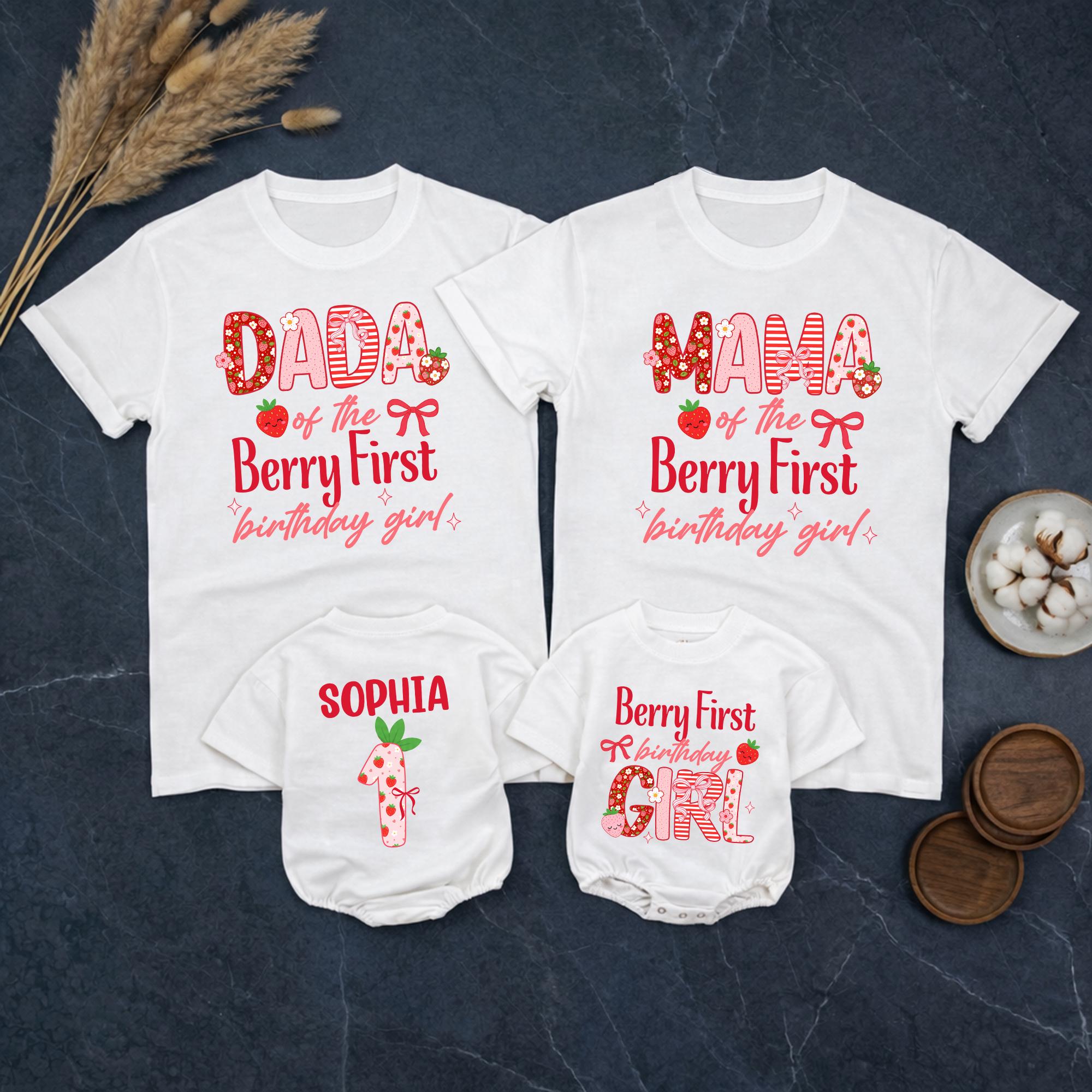 Personalized Berry First Birthday Family Shirts for Girls, Strawberry 1st Party Outfit with Custom Names, Matching Mama Dada Baby Clothes