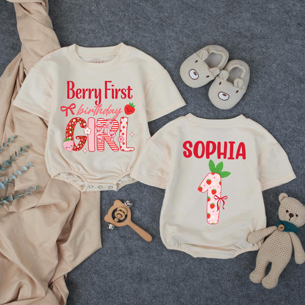 Personalized Berry First Birthday Girl Outfit with Strawberry Theme Romper Custom Name Sophia Cute 1st Birthday Baby Party Clothes Gift