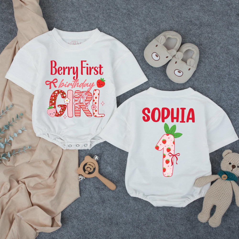 Personalized Berry First Birthday Girl Outfit with Strawberry Theme Romper Custom Name Sophia Cute 1st Birthday Baby Party Clothes Gift