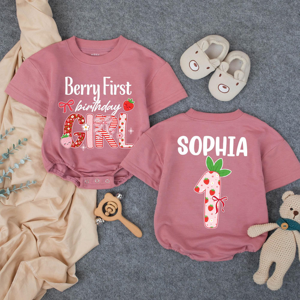Personalized Berry First Birthday Girl Outfit with Strawberry Theme Romper Custom Name Sophia Cute 1st Birthday Baby Party Clothes Gift