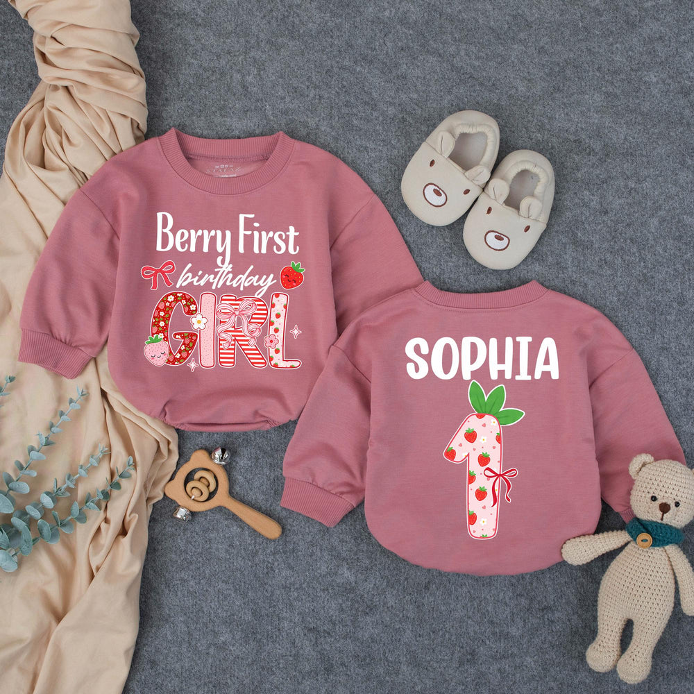 Personalized Berry First Birthday Girl Outfit with Strawberry Theme Romper Custom Name Sophia Cute 1st Birthday Baby Party Clothes Gift