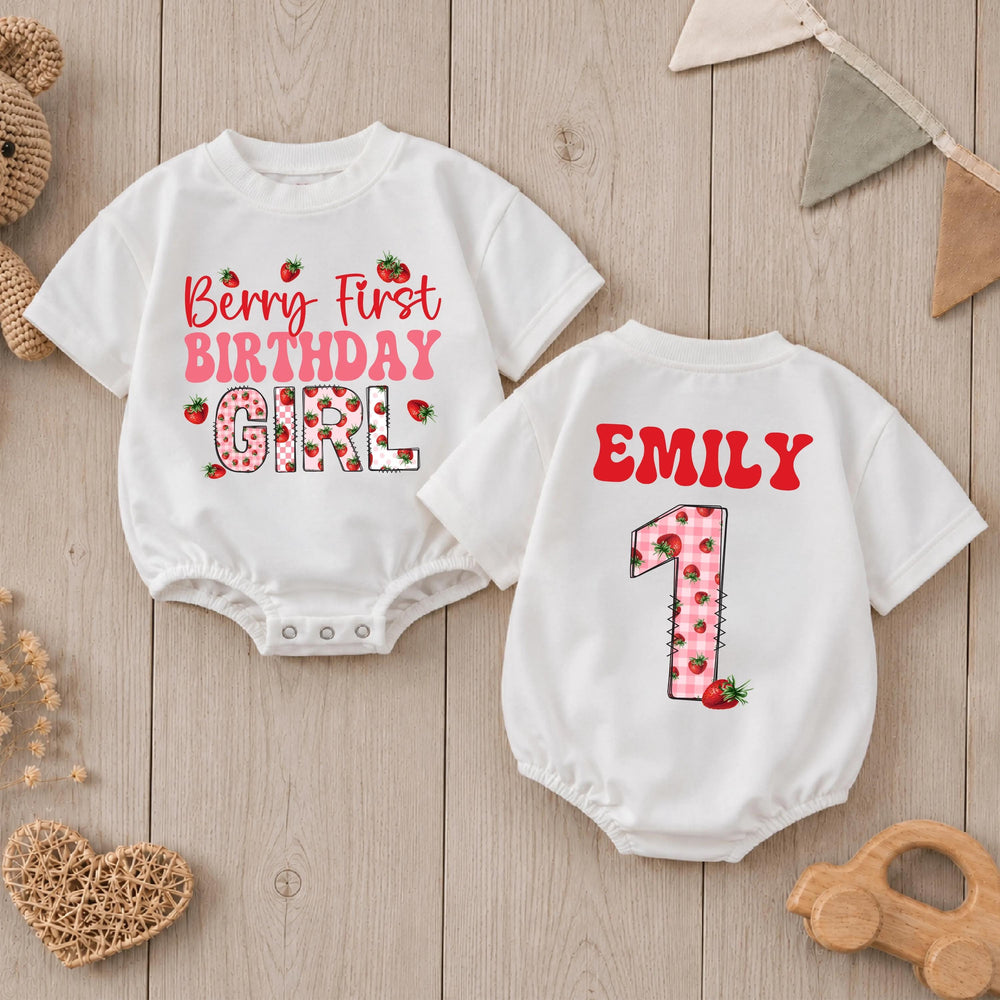 Personalized Berry First Birthday Girl Romper with Strawberry Gingham Design Custom Name Outfit for Baby's 1st Party Celebration
