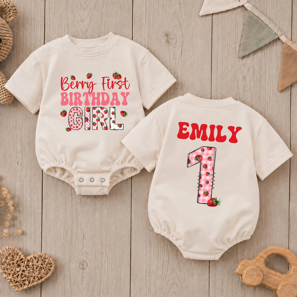 Personalized Berry First Birthday Girl Romper with Strawberry Gingham Design Custom Name Outfit for Baby's 1st Party Celebration