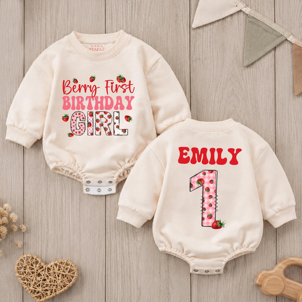 Personalized Berry First Birthday Girl Romper with Strawberry Gingham Design Custom Name Outfit for Baby's 1st Party Celebration