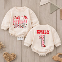 Personalized Berry First Birthday Girl Romper with Strawberry Gingham Design Custom Name Outfit for Baby's 1st Party Celebration